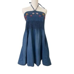 Denim Y2K Floral Embroidered Halter Smock Dress Small Cottagecore Hippie Boho
